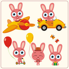 Set isolated rabbit for holiday design. Bunny rabbit in airplane, car, with balloons and gifts. Collection funny rabbit in cartoon style for children holiday and birthday.