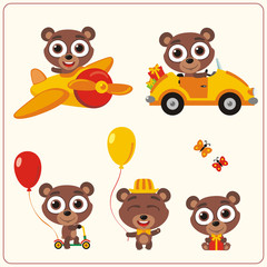 Set isolated teddy bear for holiday design. Teddy bear in airplane, car, with balloons and gifts. Collection funny teddy bear in cartoon style for children holiday and birthday.