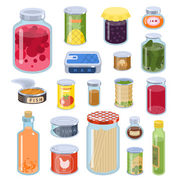 Collection of various tins canned goods food metal and glass container vector illustration.