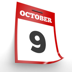 October 9. Calendar on white background.