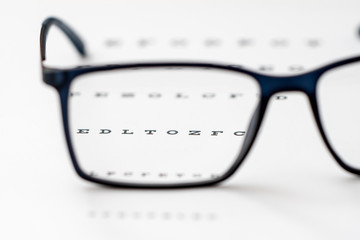 Reading black eyeglasses and eye chart close-up, shallow depth of field