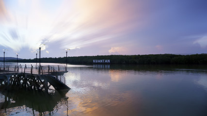 Sunrise on a river pier on the outskirts of Kuantan, Malaysia