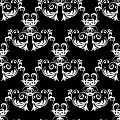  Floral damask seamless pattern background wallpaper illustration with vintage  white  flowers, leaves and antique baroque  ornaments.Vector black isolated  texture for fabric, print, textile, cards