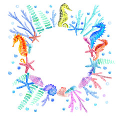 Seahorse, shell, starfish, seaweed, coral and bubbles wreath.Underwater world image on a white background.Round frame.Watercolor hand drawn illustration.