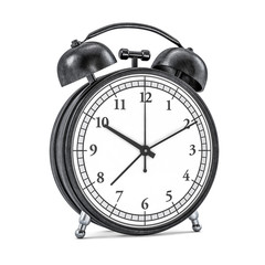 Black retro alarm clock on white background. 3D rendering