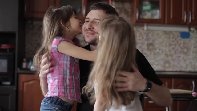 Two Girls Daughter Kiss and Hug Dad, Family Love