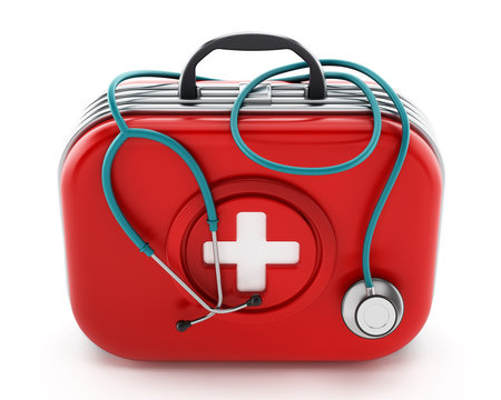Stethoscope standing on first aid kit. 3D illustration