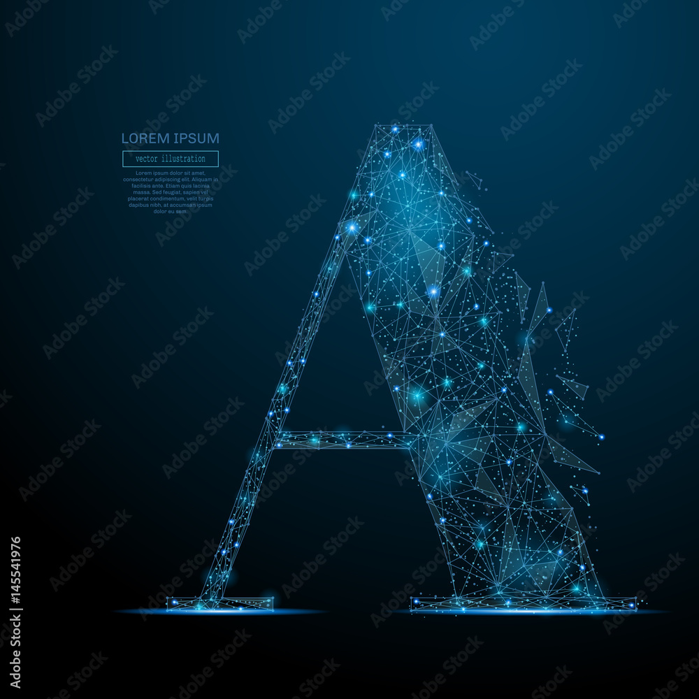 Aufkleber Abstract image of the letter A of a starry sky or space, consisting of points, lines, and shapes in the form of planets, stars and the universe. Vector business