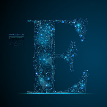 Abstract image of the letter E of a starry sky or space, consisting of points, lines, and shapes in the form of planets, stars and the universe. Vector business