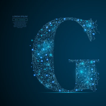 Abstract image of the letter G of a starry sky or space, consisting of points, lines, and shapes in the form of planets, stars and the universe. Vector business