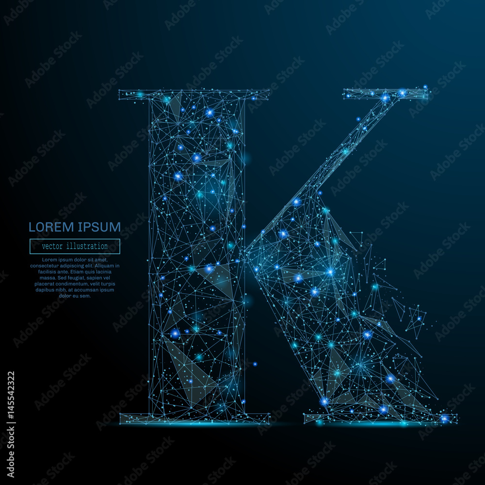 Poster abstract image of a the letter k of a starry sky or space, consisting of points, lines, and shapes i