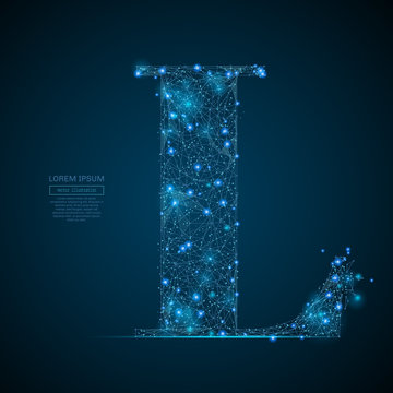 Abstract image of the letter L of a starry sky or space, consisting of points, lines, and shapes in the form of planets, stars and the universe. Vector business