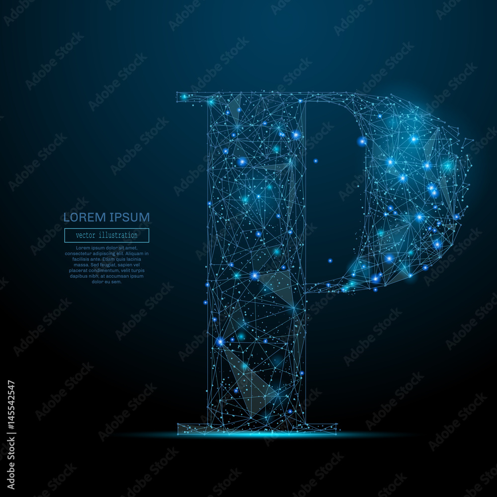 Poster Abstract image of the letter P of a starry sky or space, consisting of points, lines, and shapes in the form of planets, stars and the universe. Vector business
