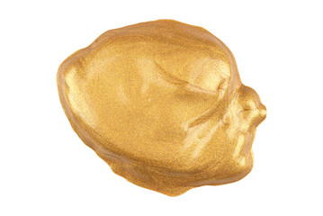 Round face make-up liquid golden foundation sample with glitter particles, isolated on white background, clipping path included