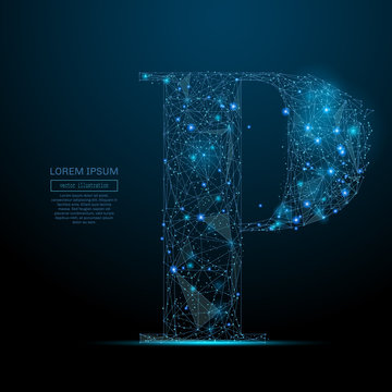 Abstract image of the letter P of a starry sky or space, consisting of points, lines, and shapes in the form of planets, stars and the universe. Vector business