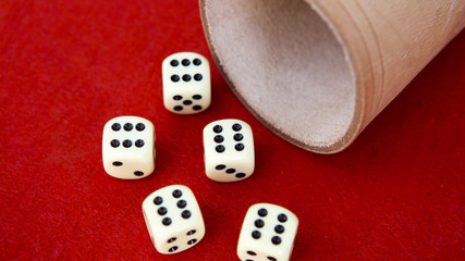six dice with cup on red table