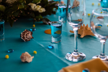 wedding decor in blue colors, sea theme style