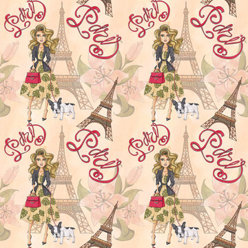 Girl With Dog Hand-Painted Fashion Paris Lettering Illustration Seamless Pattern Background Texture Wallpaper Scrapbook