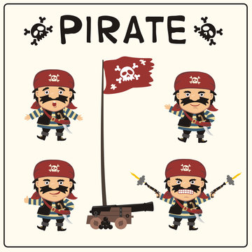 Set isolated pirate in cartoon style. Collection funny pirate in different poses with pistols, sword, ship gun and flag Jolly Roger.