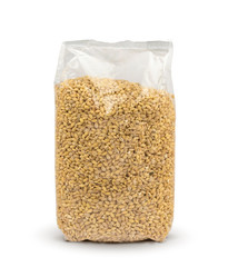 Plastic package of pearl barley isolated on white background with clipping path. Mockup. Package.