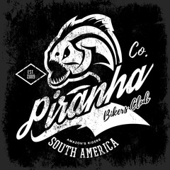 Vintage American furious piranha bikers club tee print vector design isolated on black background. 
Street wear t-shirt emblem. Premium quality wild fearsome fish superior logo concept illustration.