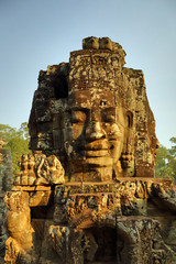 Giant stone faces at Bayon Temple in Cambodia