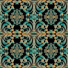 Motif floral sans couture de Paisleys. S& 39 épanouir vecteur moderne fond noir illustration de papier peint avec des fleurs 3d bleu or antique vintage, des feuilles de boucles tourbillonnantes et des ornements baroques. Texture de surface.