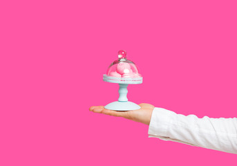 photo of male hand holding stand with marshmallows on the wonderful pink studio background