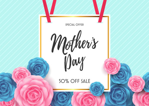 Happy Mother's day Card layout design with Roses,Lettering,Ribbon,Frame and Flowers background.Vector illustration of Best mom,mum ever flyer and Card Design template.