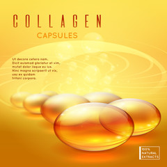Gold pill vitamins, gold gel collagen capsule vector background for long strong hair and natural nails care advertising