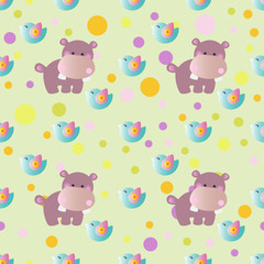 seamless pattern with cartoon cute toy baby behemoth, bird and Circles on a light green background