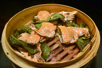 Steamed Crab in bamboo steamer, Hotel buffet line