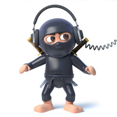 Obraz na płótnie Canvas 3d Funny cartoon ninja assassin listening to headphones