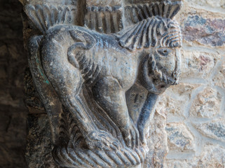 Closeup of Catalan roman art sculpture in the Abbey of Saint-Martin du Canigou