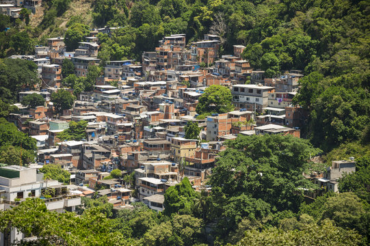 Hillside favela community growing up into the jungle on the outskirts of the city in Rio de janeiro, Brazil