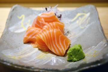 salmon sashimi with wasabi Japanese gourmet cuisine