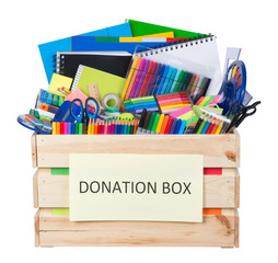 Stationary supplies donations box isolated on white background