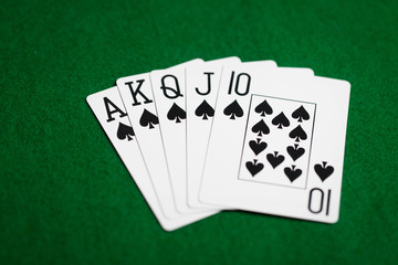 poker hand of playing cards on green casino cloth