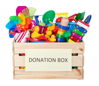Toys donations box isolated on white background