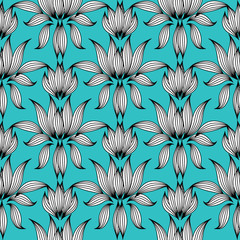 Floral hand drawn seamless pattern. Modern flourish blue vector  background wallpaper illustration with vintage black and white line art tracery paisley flowers, striped  leaves and flowery  ornaments