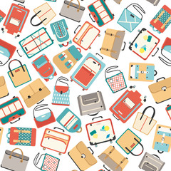 Vector illustration seamless background pattern big set of bags. Luggage, women's bags, briefcases and backpacks vector
