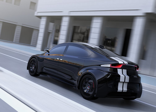 Rear view of black sports car driving on the street. 3D rendering image.