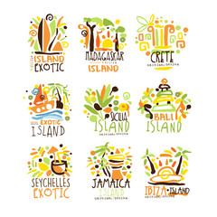Madagascar, Crete, Bali, Seychelles, Ibiza, Jamaica resort set for label design. Summer beach tourism and rest vector Illustrations