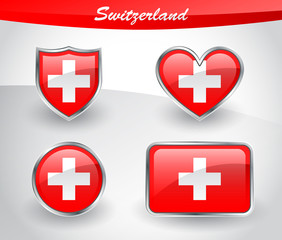 Glossy Switzerland flag icon set with shield, heart, circle, rectangle