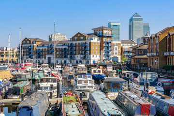 Boats and yachts moored at Limehouse Basin Marina in London