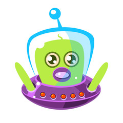 Confused and surprised green aliens in a flying saucer, cute cartoon monster. Colorful vector character