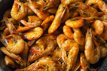 King prawns fried in a frying pan