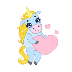 Cartoon light blue unicorn standing and holding pink heart. Colorful vector character