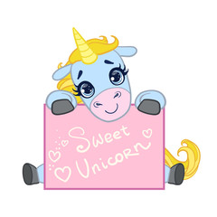 Cartoon light blue lovely unicorn seating with a greeting card. Colorful vector character