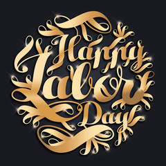 Happy Labor day gold typographic design on a black background 